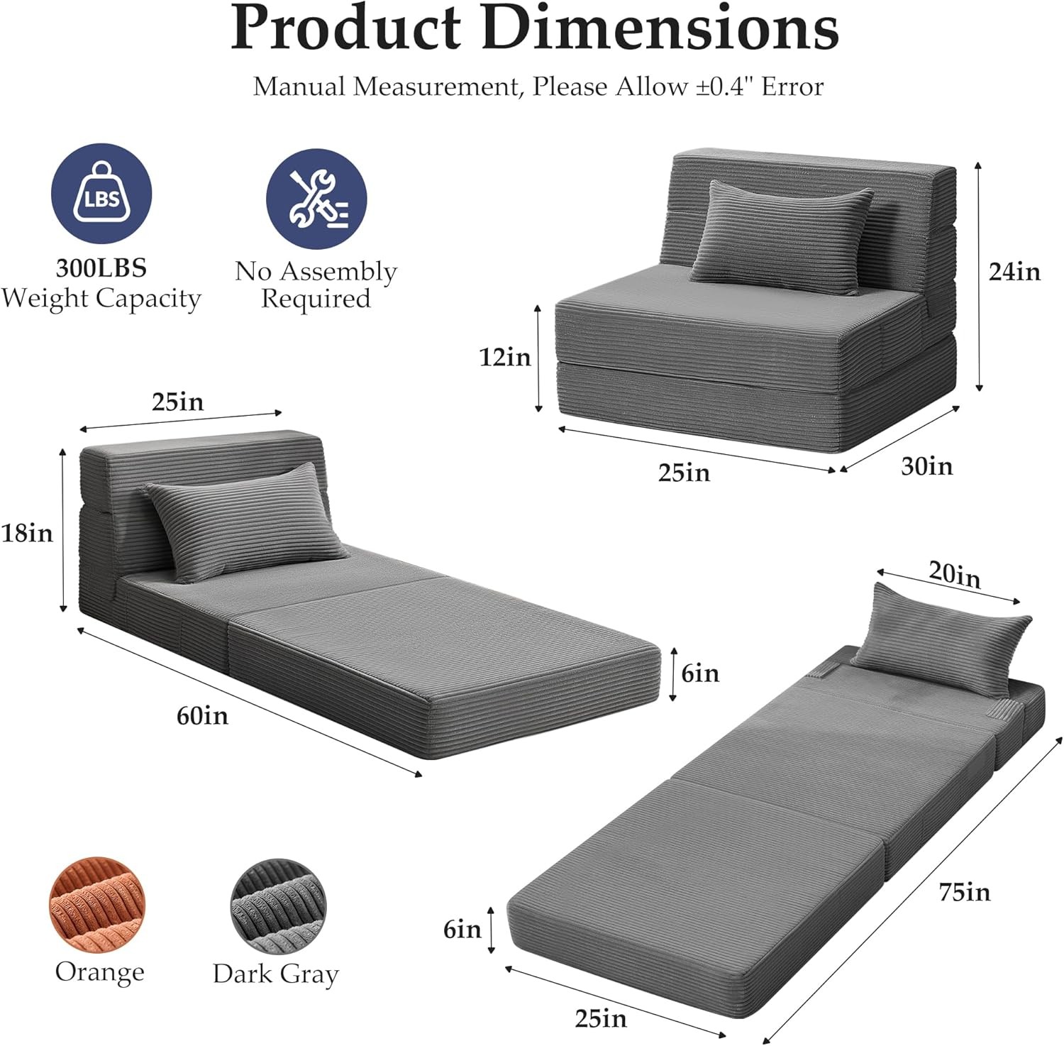 Folding Sofa Bed Convertible Sleeper Chair with Pillow, 4-in-1