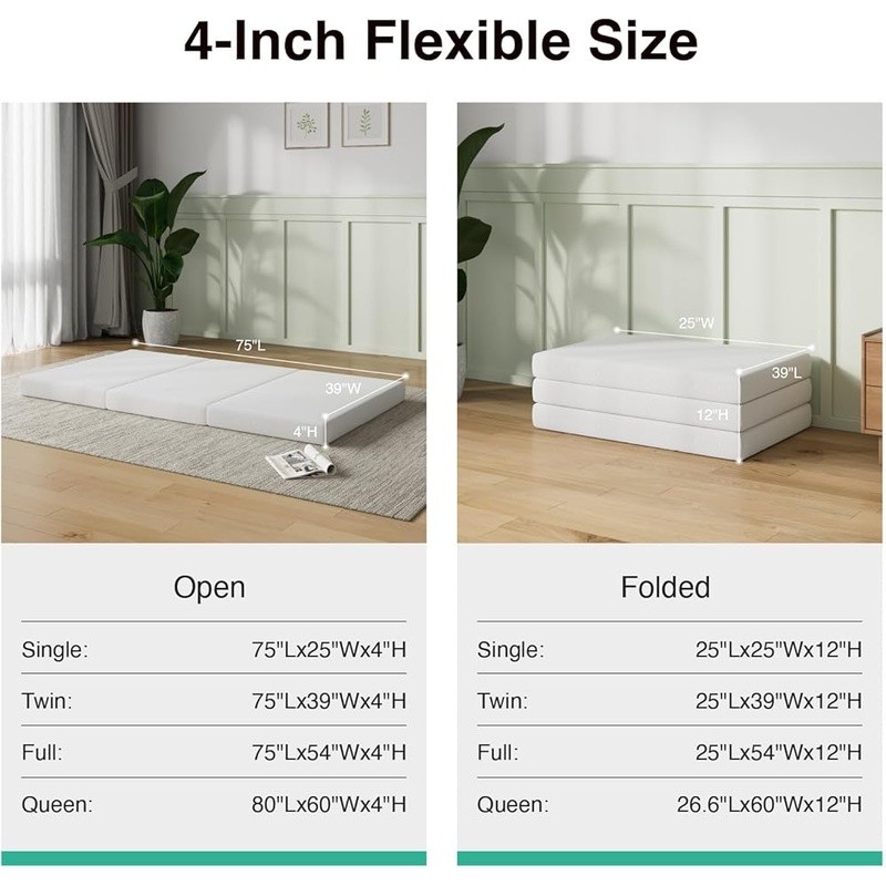Portable Tri-Fold Mattress Memory Foam Guest Bed Travel Couch Floor Use