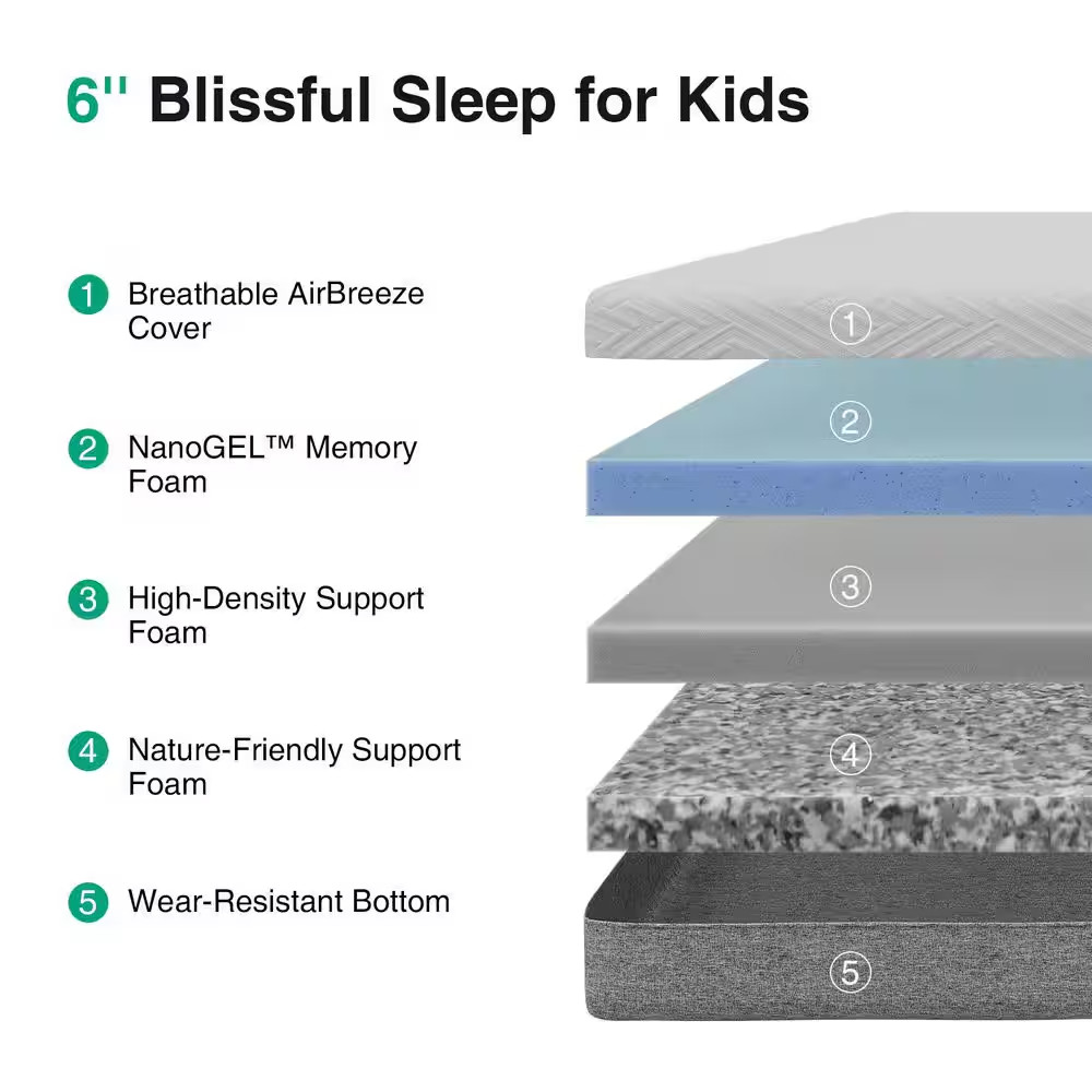 Twin Medium Cooling Gel Memory Foam 6 In. Mattress, Breathable and Hypoallergeni