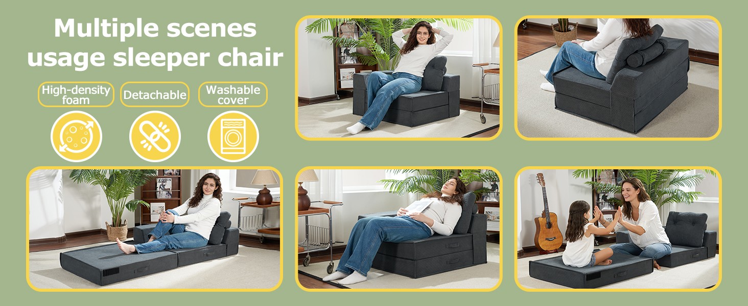Folding Sofa Bed, 4 in 1 Convertible Sleeper Chair with Pillow, Standard