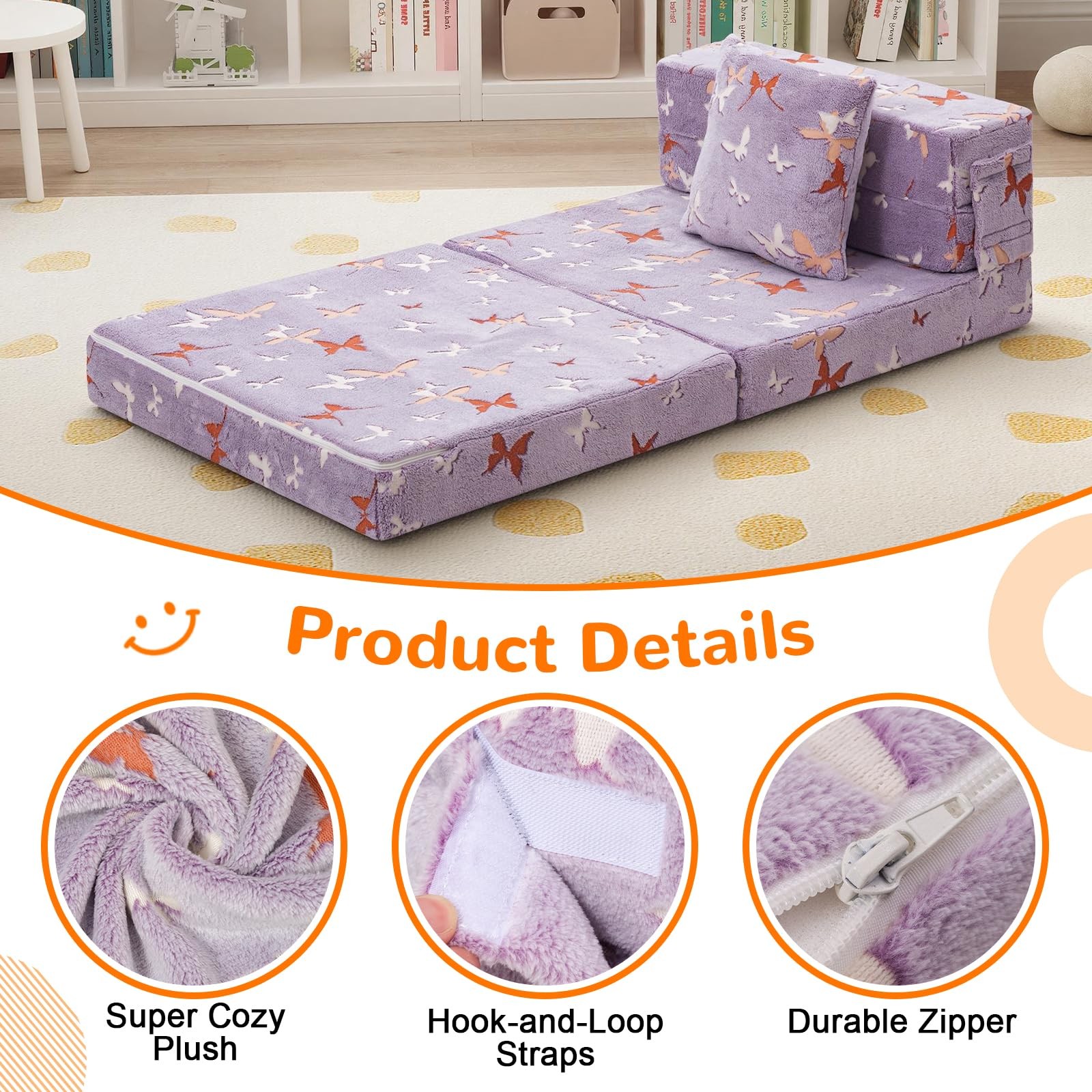 Foldable Futon Chair Bed for Kids, Glow Tri-fold Sofa Bed Convertible Toddler…