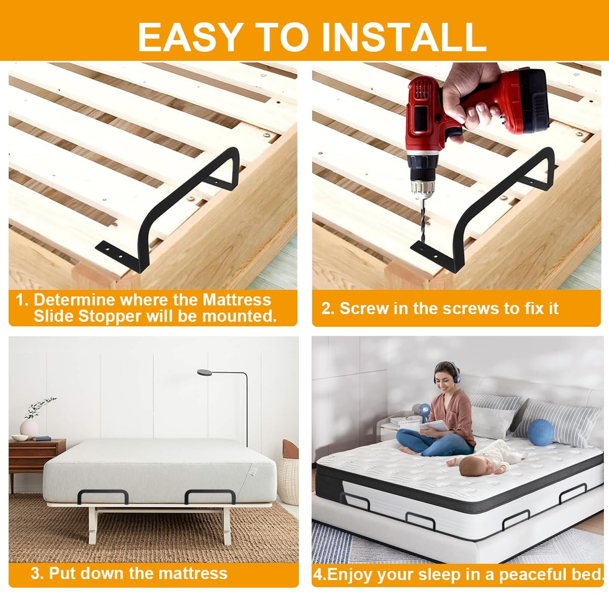 4 Pieces of Mattress Slide Stopper,Suitable for Adjustable Beds,Platform Beds…