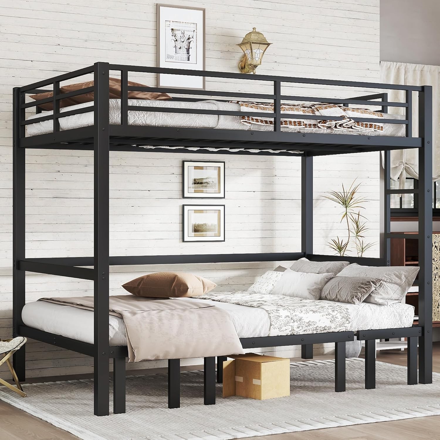 Queen Over Queen Size Futon Bunk Bed, Heavy Duty Loft Bed with Sofa, Lower