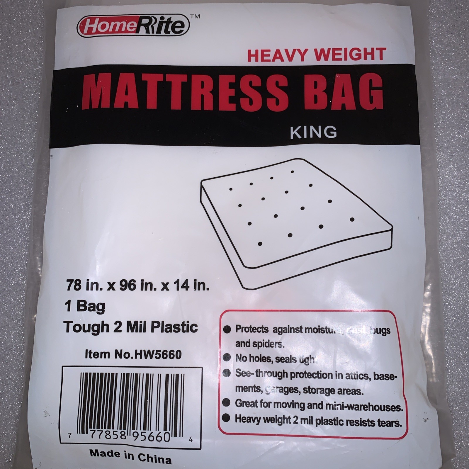 HomeRite Mattress Bag Heavy Weight 78” X 96” X 14” KING SIZE One ( 1 ) Bag