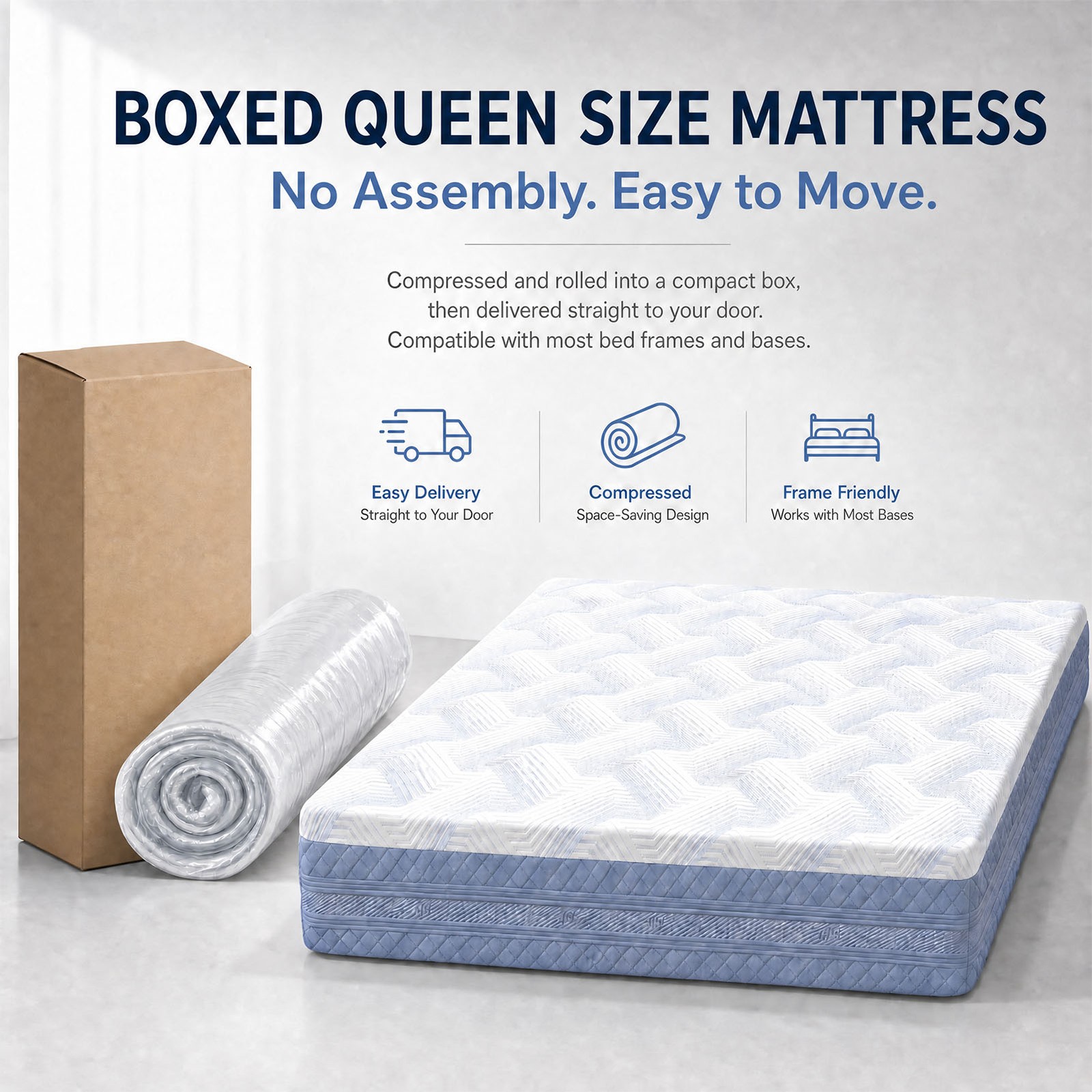 Queen Size Memory Foam Mattress Rolled Compressed Box Delivery No Assembly Requi