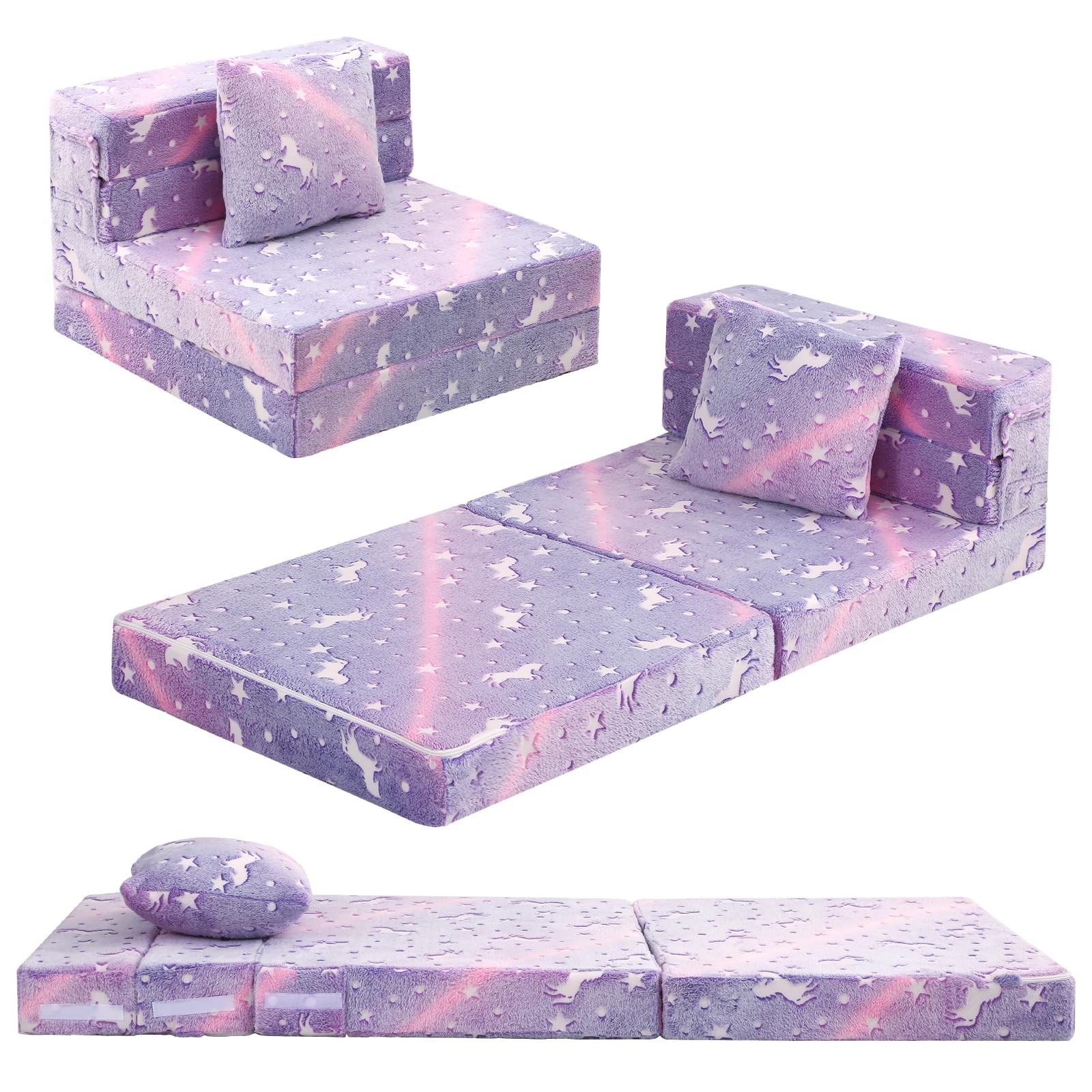 Foldable Futon Chair Bed for Kids, Glow Tri-Fold Sofa Bed Convertible Toddler…