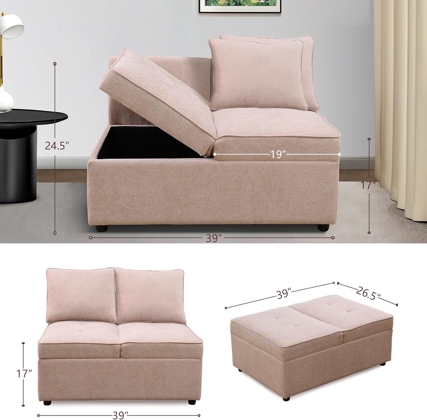 Convertible Ottoman Sofa with Stora, Modern Sacloth Futon Couch with 2
