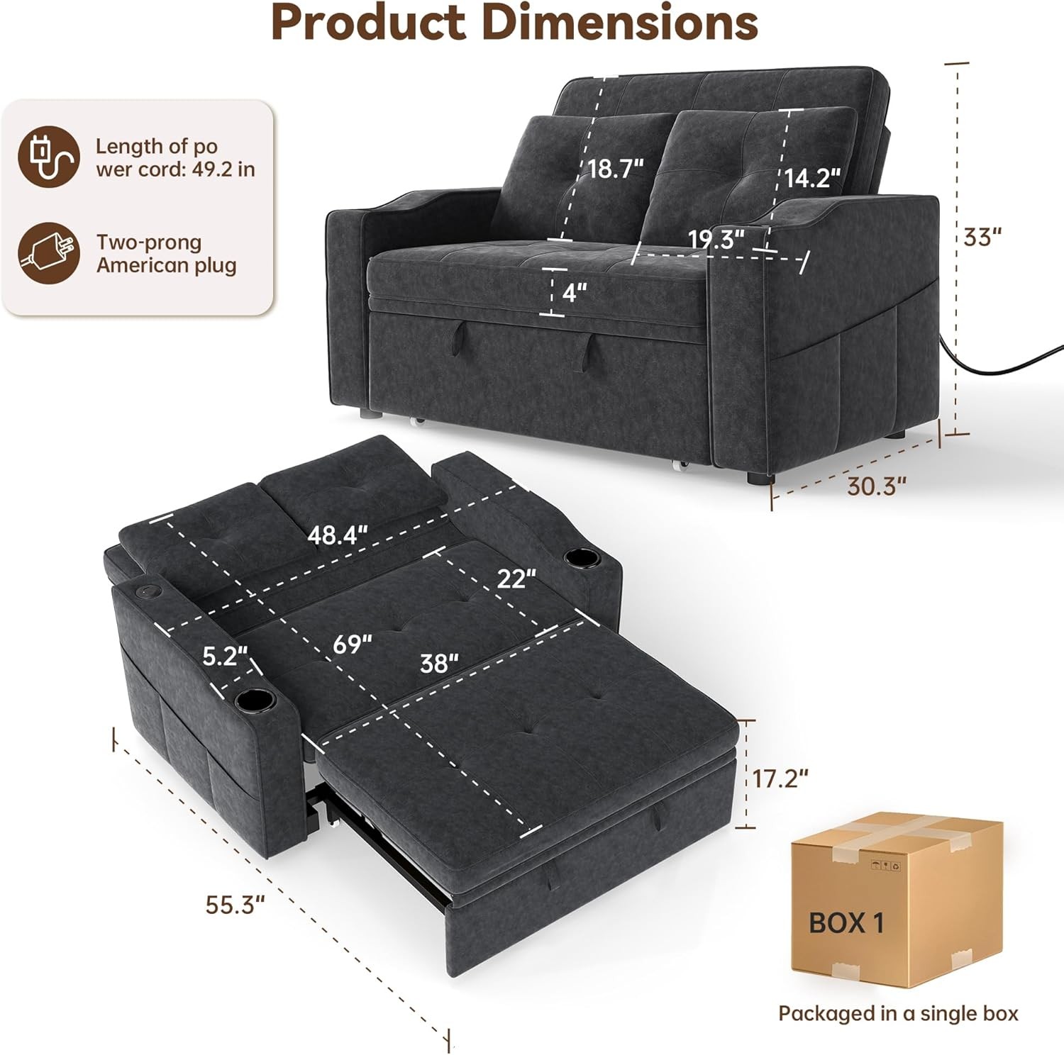 Sleeper Sofa Bed, 3-in-1 Loveseat Sofa with USB Charging Ports,