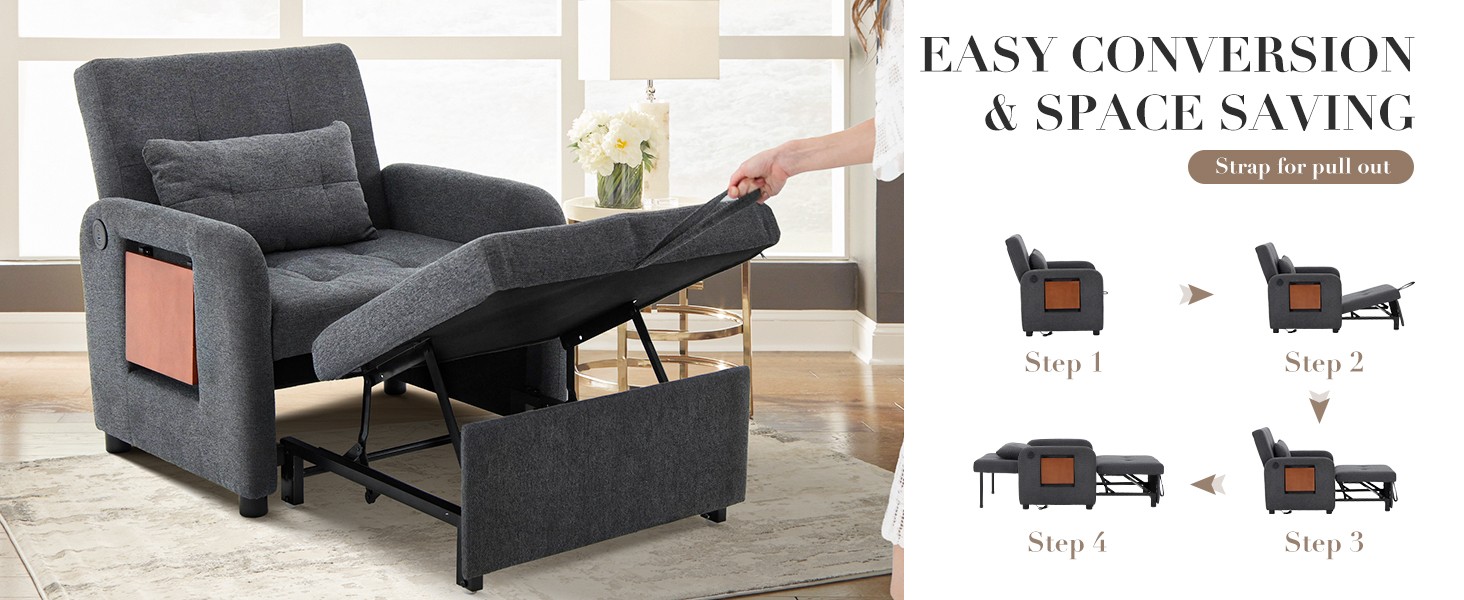 Convertible Sleeper Chair-Fabric Futon Sofa Bed, Single Sleeper