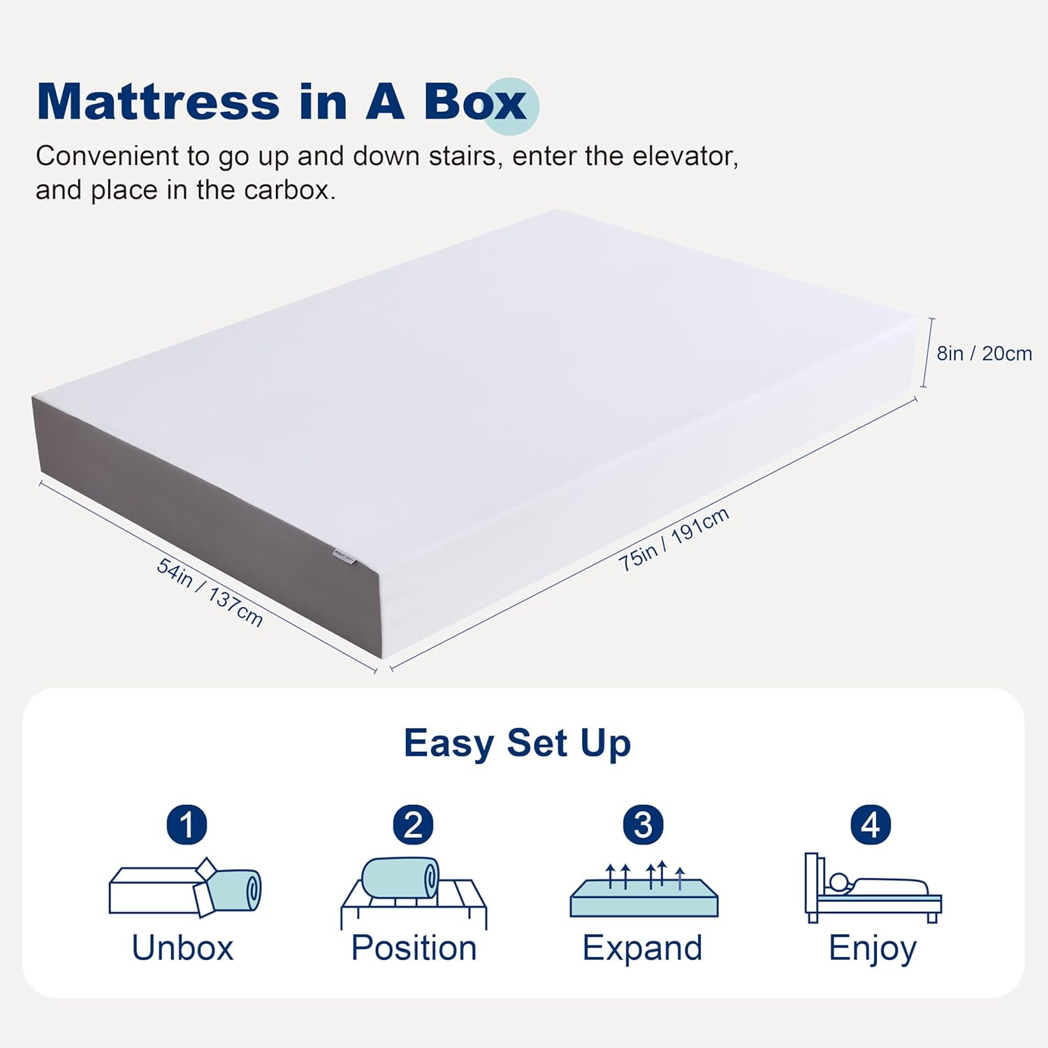 8-Inch Plush Memory Foam Mattress – Breathable Full Size, White/Grey