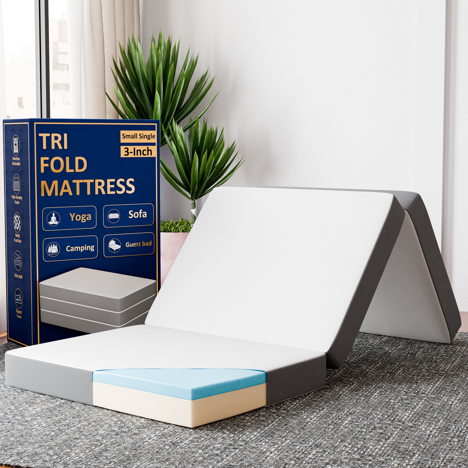 Sleep Sunset, 3” Trifold Memory Foam Mattress, 25-inch, Non-Standard Size.
