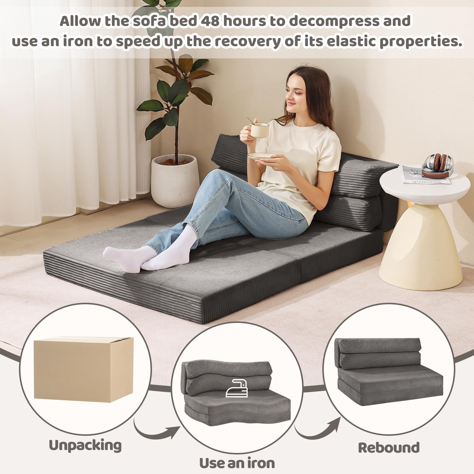 JUIKURY Folding Sofa Bed, Convertible Sleeper Chair with Pilow Full, Grey