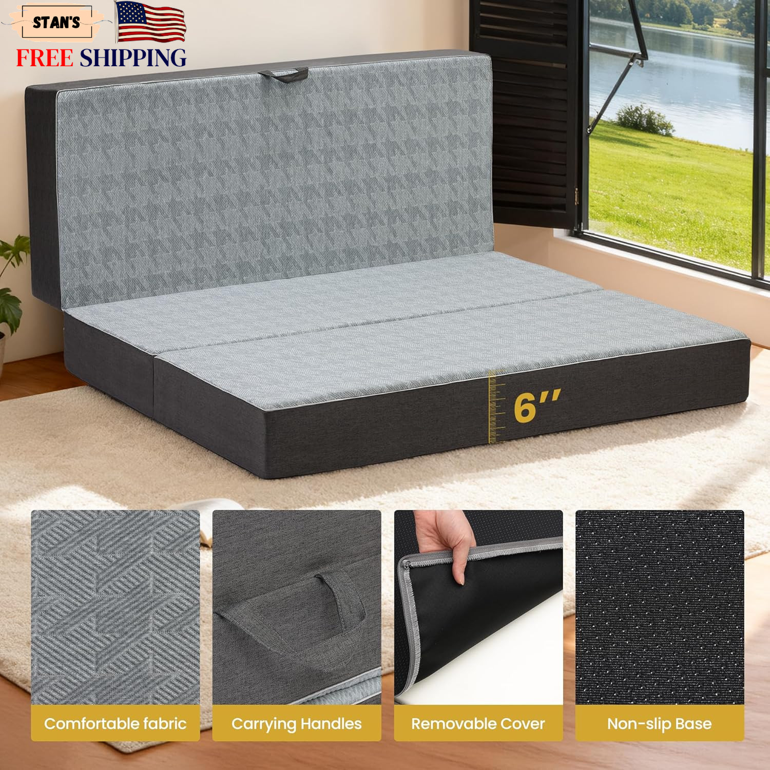 Tri Folding Mattress Queen Size 6 Inch Dual Layer Memory Foam Foldable Mattress