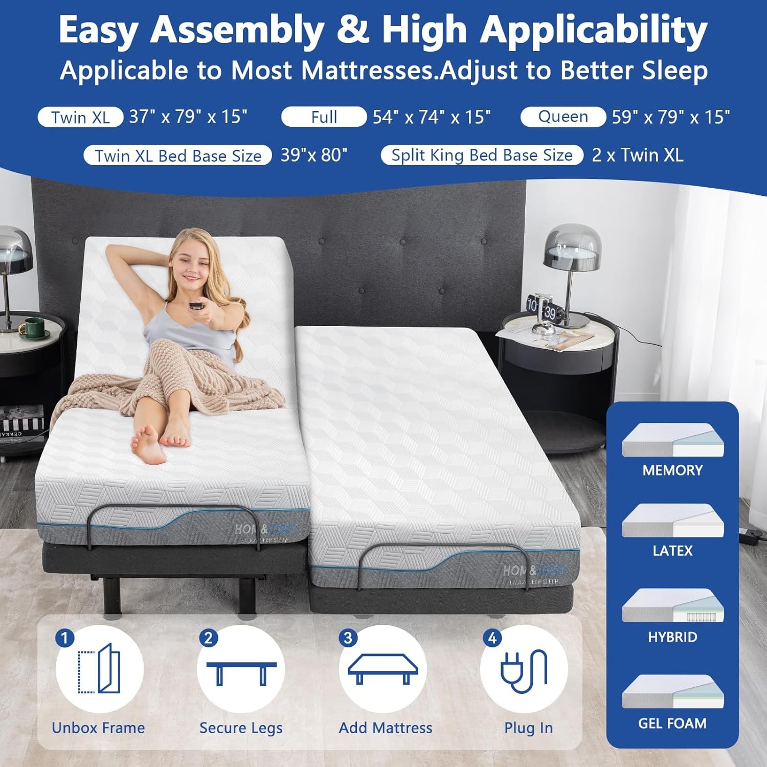 Adjustable Queen Bed Frame & 14″ Gel Memory Foam Mattress with Smart Features