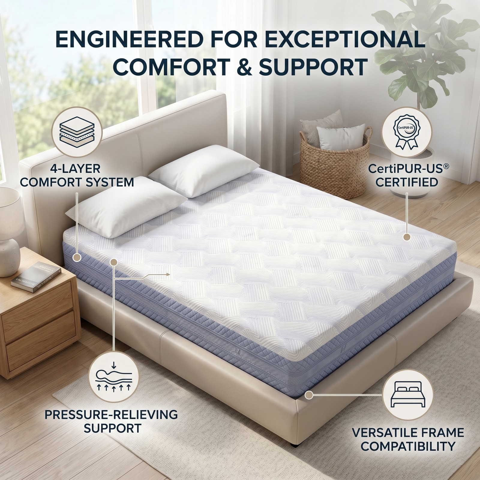 Queen Size Memory Foam Mattress 79.92×60.24in Thick Foam Mattress for Bedroom Us