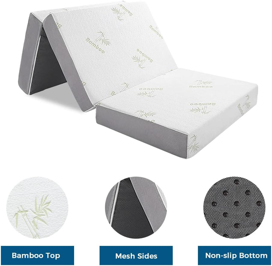 Twin 6″ Trifold Memory Foam Mattress with Soft Cover & Portable Design