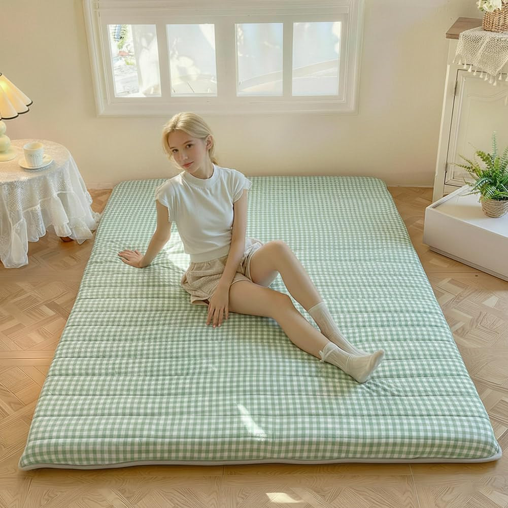 Green Gingham 3.5″ Thick Futon Mattress, Foldable Tatami Pad, Queen Size