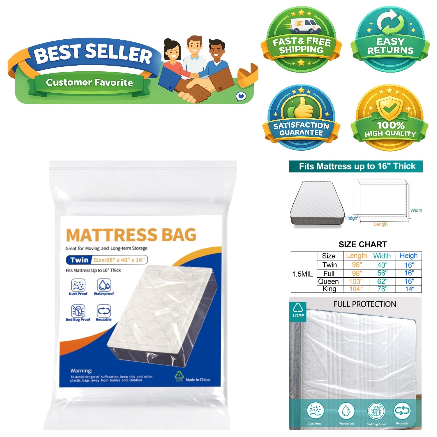 Clear Twin Mattress Bag – Heavy-Duty Waterproof Cover for Safe Moving & Storage