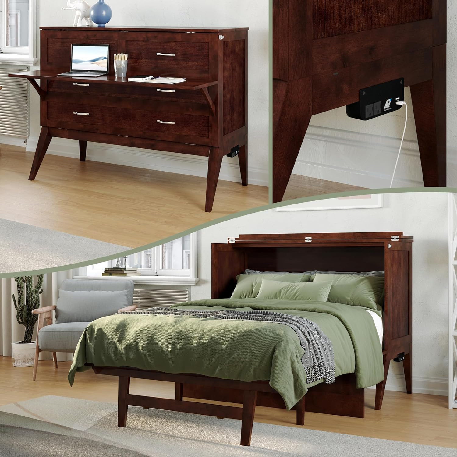 Northampton Murphy Bed Desk with Memory Foam Mattress & USB Charger, Walnut