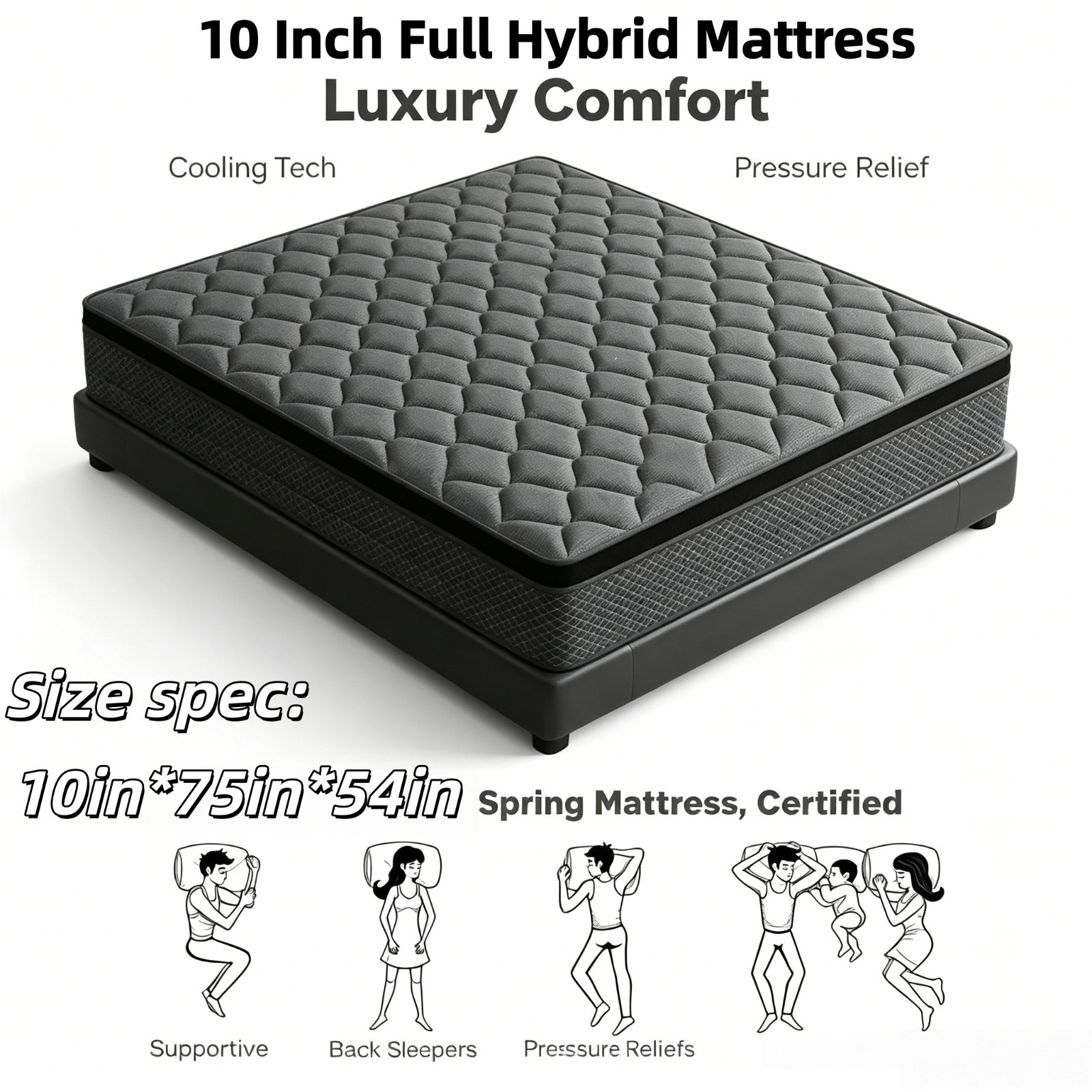 Full 10 Inch Gel Memory Foam Hybrid Spring Mattress CertiPUR-US 3 Days Delivery