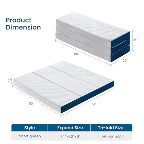 Size Folding Mattress, Trifold Gel Memory Foam Bed, Short Queen 6 Inch