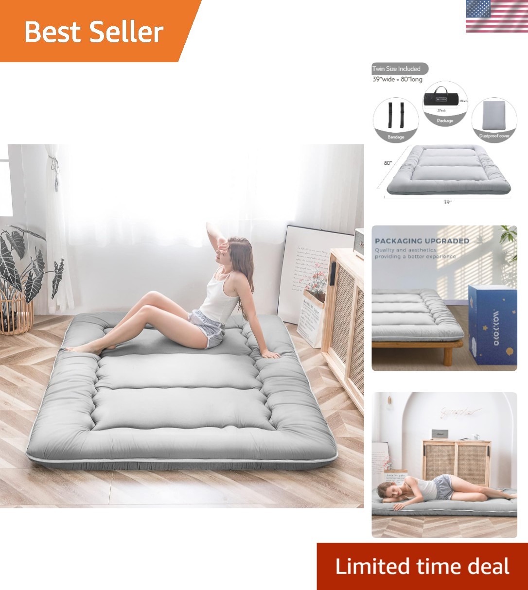 Luxurious Japanese Futon Mattress – Twin Size, Foldable, Grey Daybed Solution