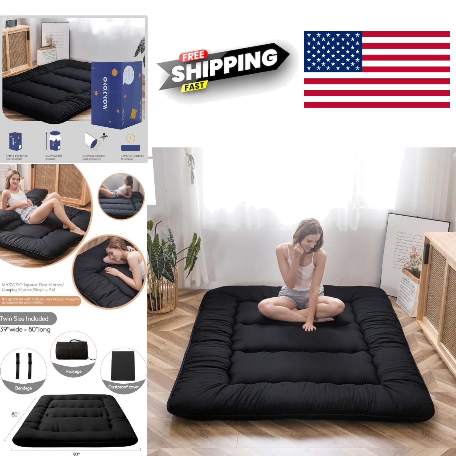 Durable Foldable Sleeping Pad Twin Size Japanese Futon with Dustproof Cover