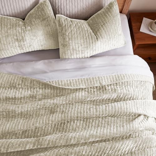 Velvet Quilt Set Full/Queen Size 90”x98”, Lightweight Beige Velvet