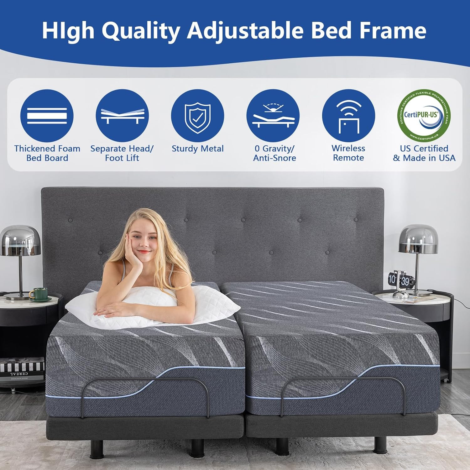 Split King Adjustable Bed Base & 14″ Gel Memory Foam Mattress with Remote