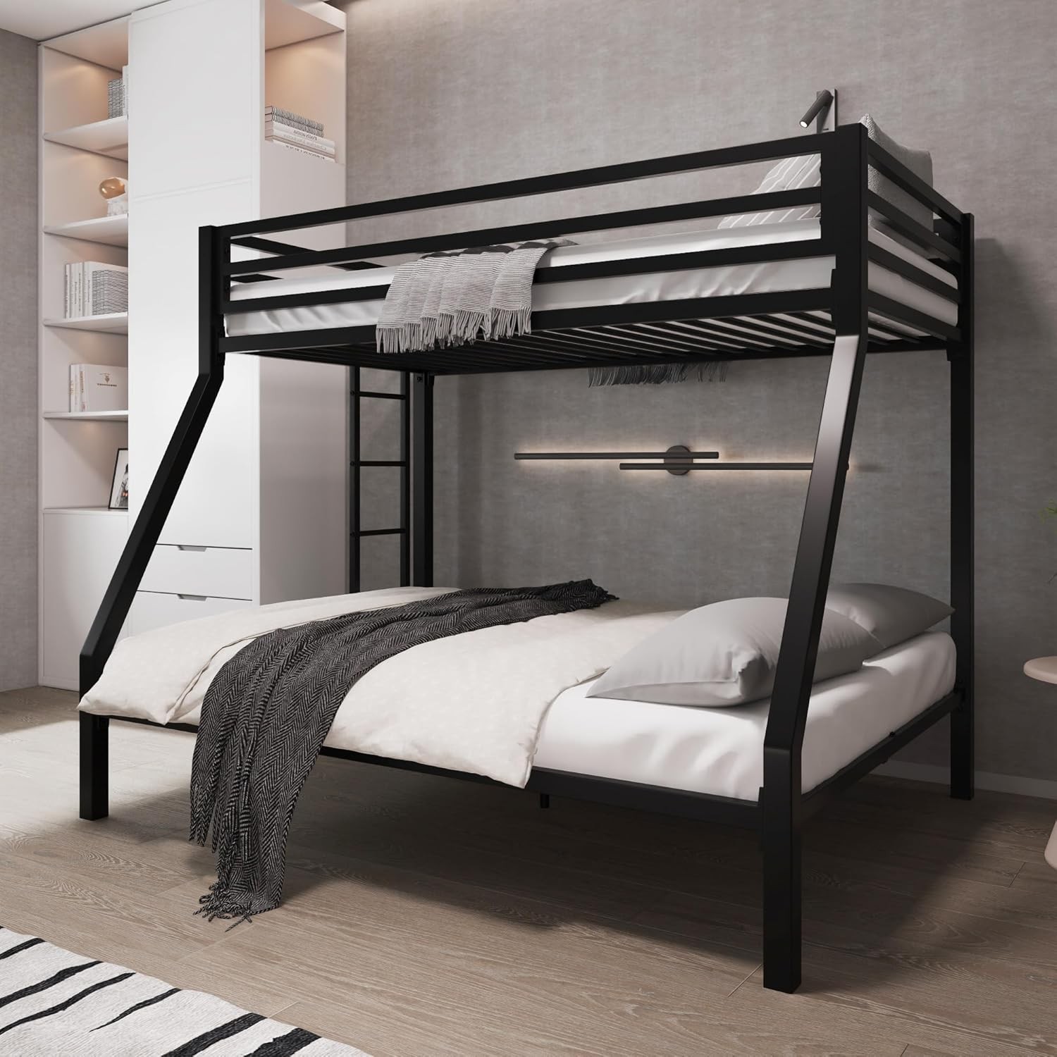 Metal Bunk Bed Twin Over Full Size for Junior & Adults with Ladder