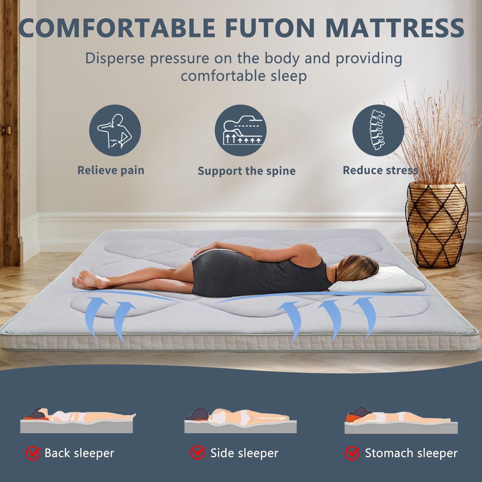 MOPHOTO Japanese Floor Mattress 3.5″ Thick Roll Up Sleeping Tatami Mat Futon Pad