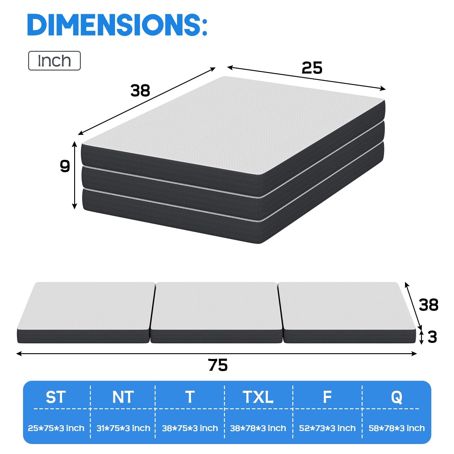 3 inch Tri Folding Memory Foam Mattress/Foldable Mattress for Kids and Adults…