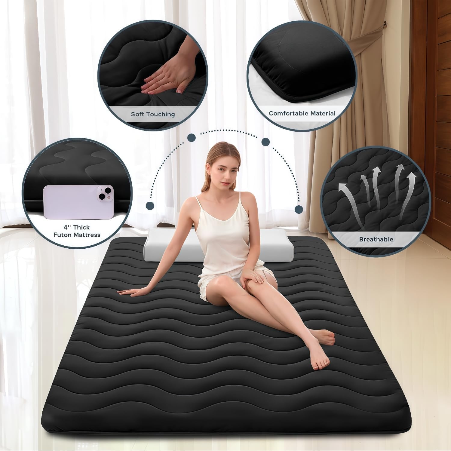 Japanese Floor Mattress Full Black 4 Inch Thick Foam Tatami Sleeping Pad Lounger