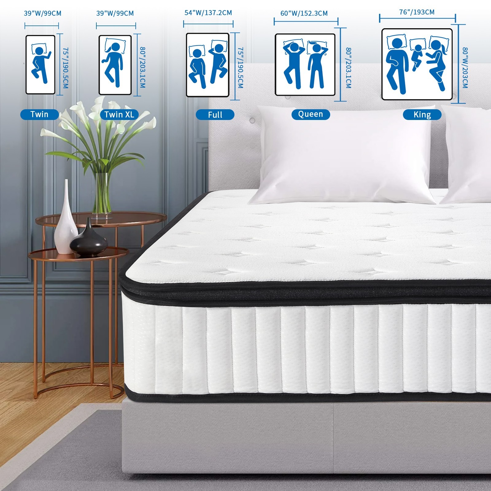 12″ Gel Memory Foam Pocket Spring Hybrid Mattress, Twin Txl Full Queen King Size
