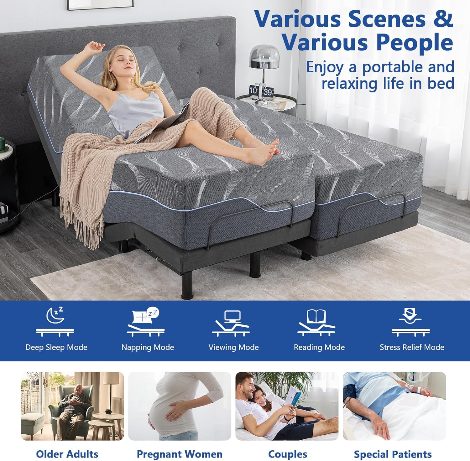 Split King Adjustable Bed Frame & 12″ Gel Memory Foam Mattress with Remote