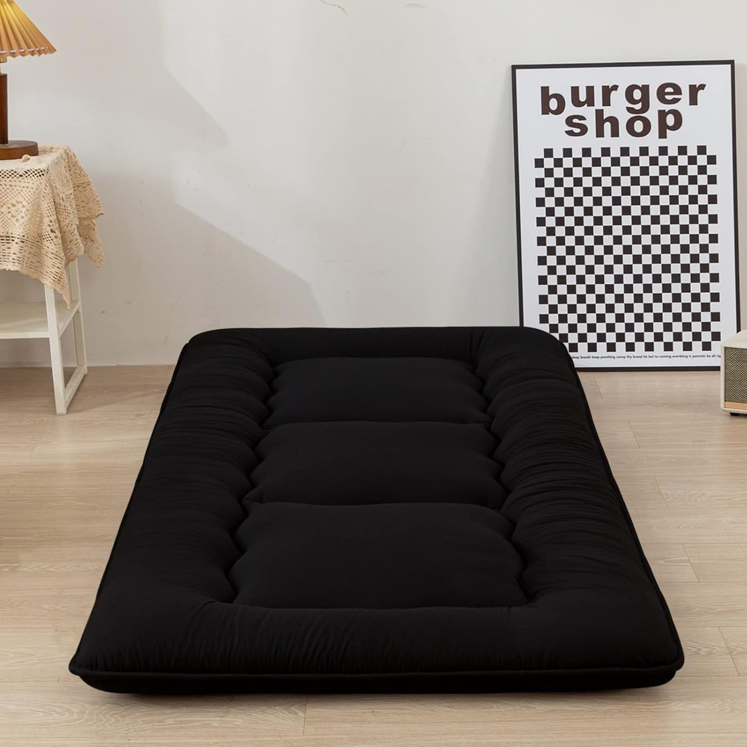 Compact 4″ Black Floor Mattress with Dustproof Cover – Versatile Adult Futon