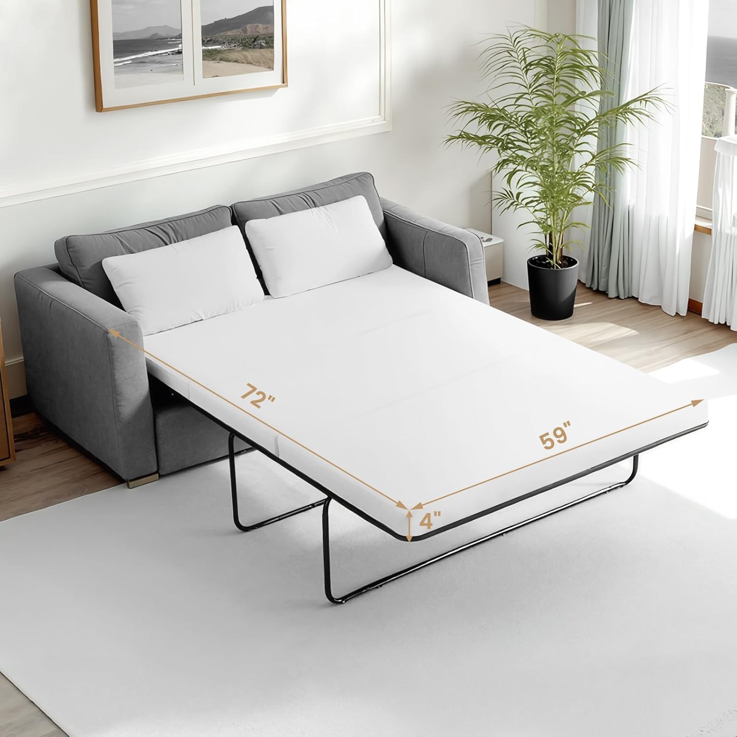 4 Inch Foldable Memory Foam Sofa Bed Mattress Replacement, Queen Size Pull Out C