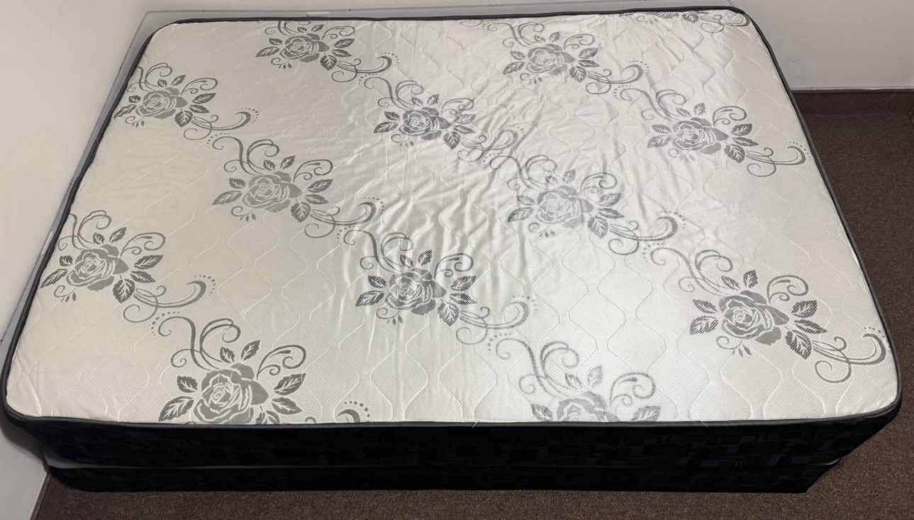 Floral Pattern Mattress and Box Spring Set, White Gray Black, Bedroom Rectangle