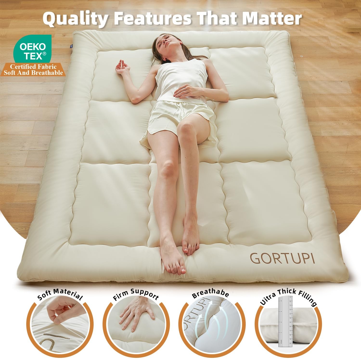 Colchonetas Para Dormir En El Piso Queen Size 3 Pulgadas Adultos Beige Portatil