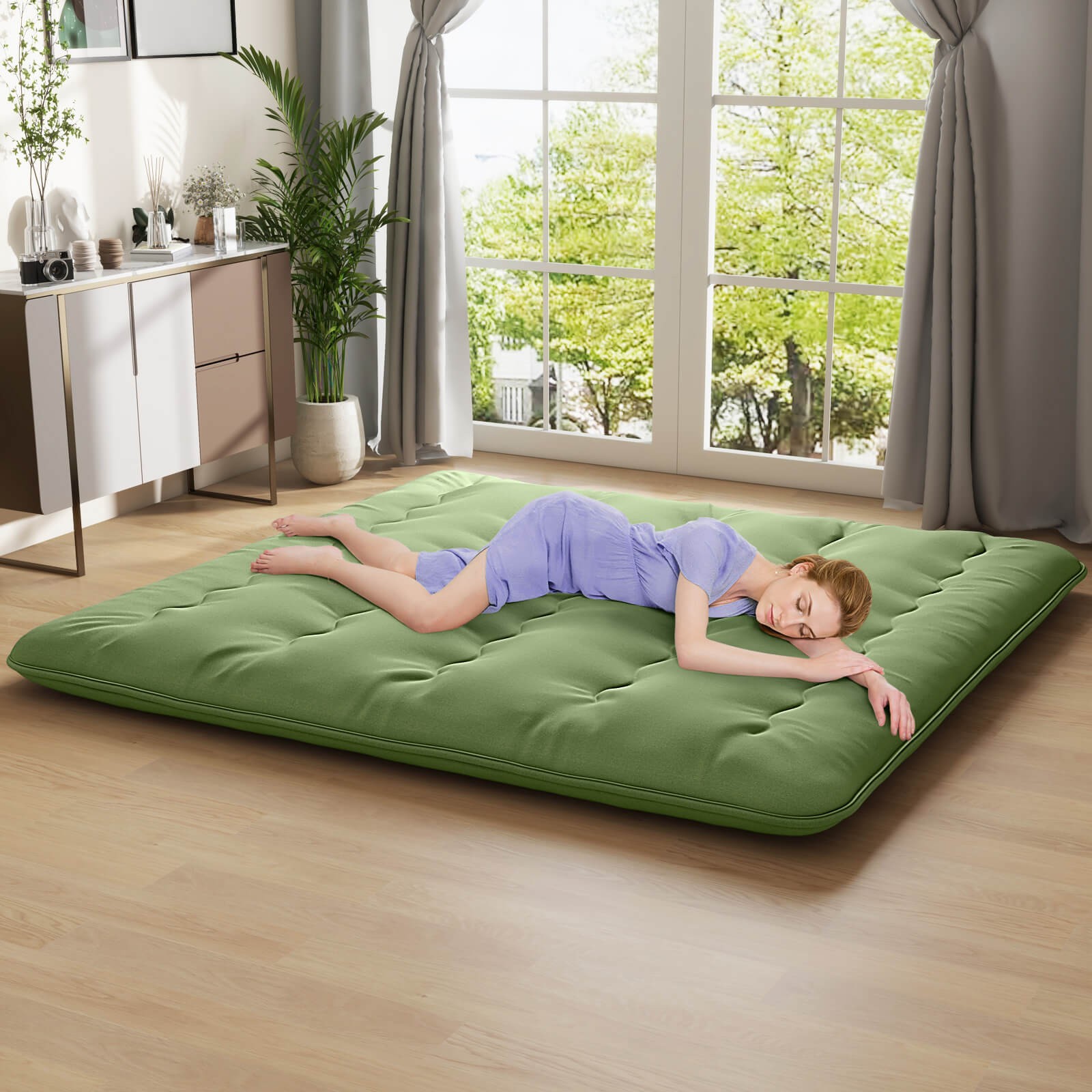 King Futon Mattress Japanese Floor Pad Washable Cover Carry Bag Green