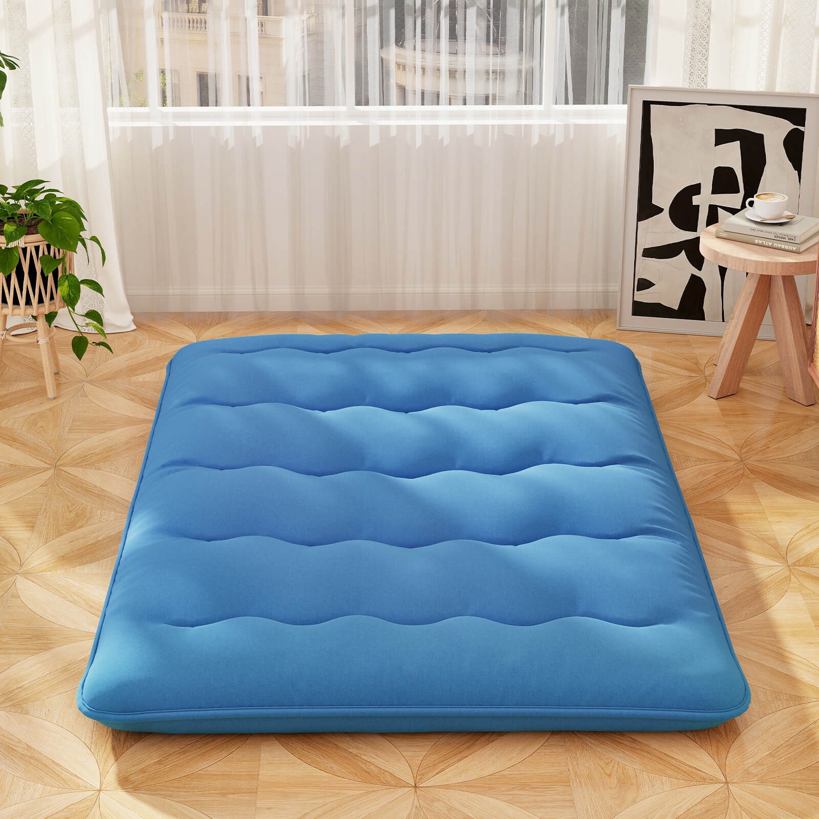 Full Futon Mattress Japanese Sleeping Pad Lounge Bed w/ Washable Cover Blue