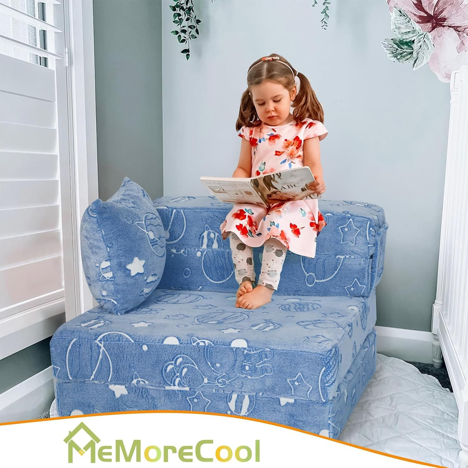 Glow Space-Themed Tri-Fold Sofa Bed for Kids, Foldable Futon Chair and Floor Cou