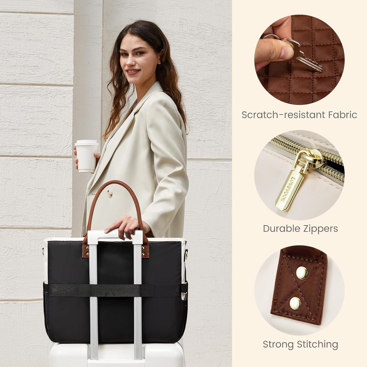Chic Teacher Tote Bag – 17″ Laptop Briefcase in Black, Beige & Brown
