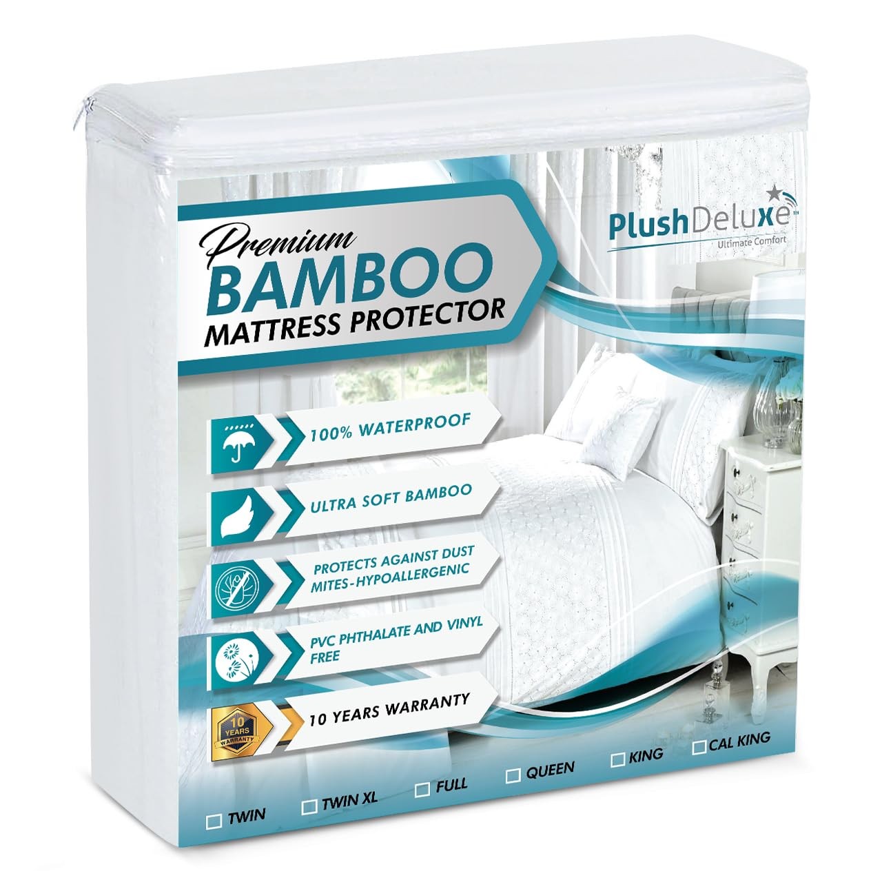 PlushDeluxe Premium Bamboo Mattress Protector – Queen Size, Queen, White