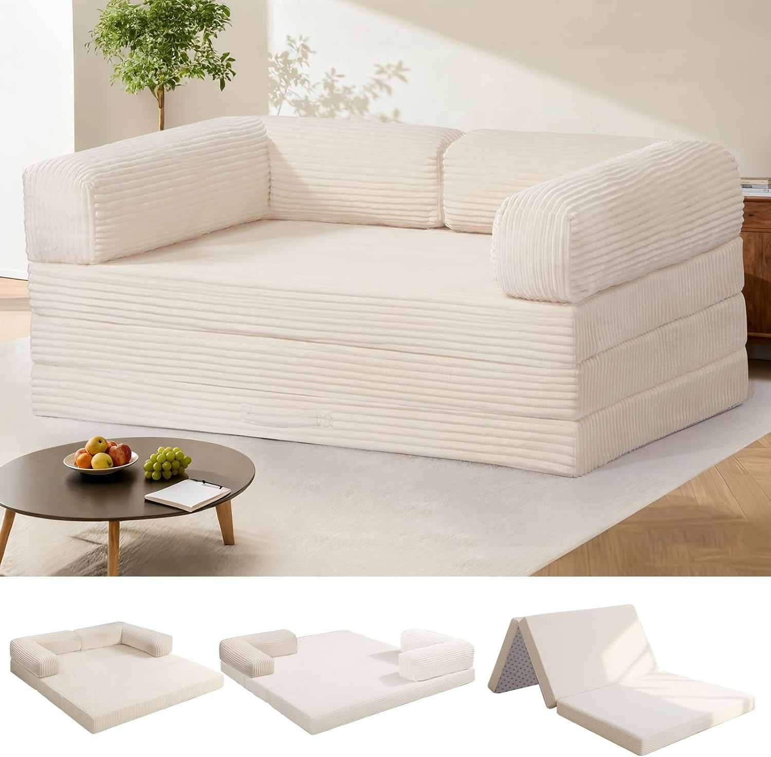 Tri-Fold Foldable Mattress Convertible Folding Sofa Bed W/ Removable Arms &