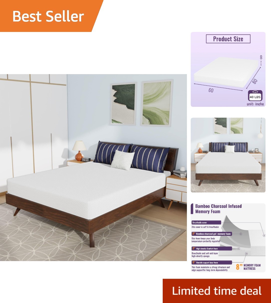 Queen 8-Inch Medium Firm Memory Foam Mattress – Breathable and Fiberglass Free