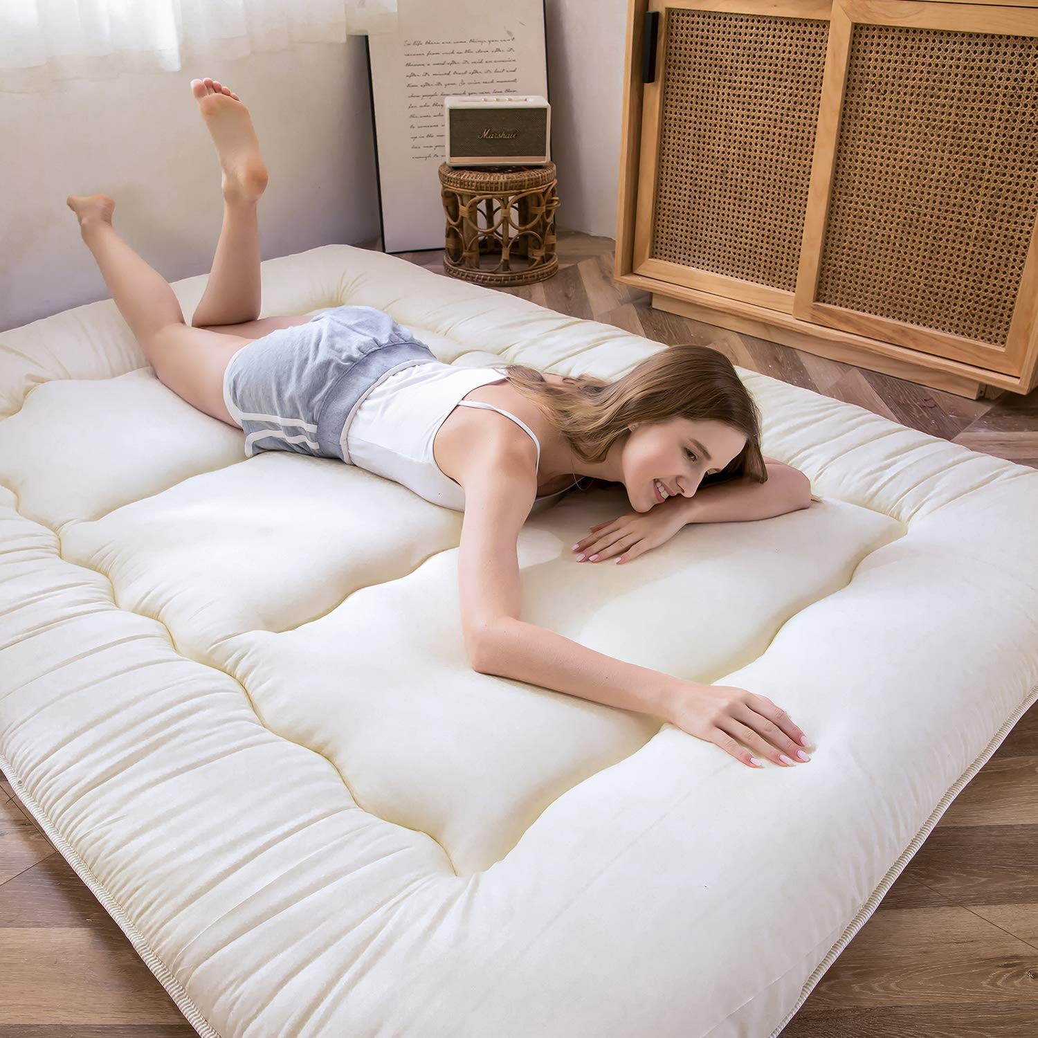 Queen Size Off White Thicken Tatami Mat Foldable Sleeping Pad Trifold Mattress