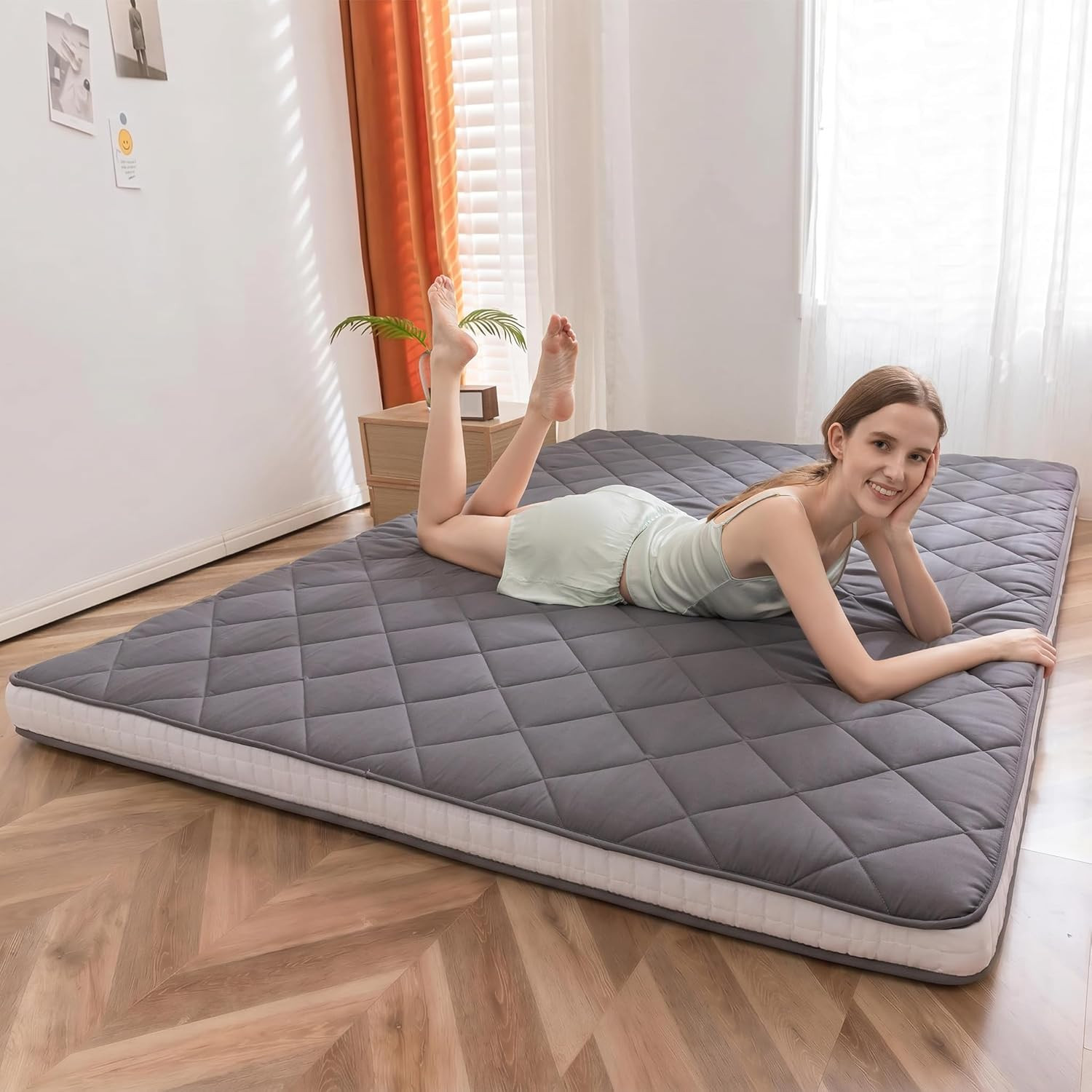 King Size Japanese Floor Futon Mattress – Dark Grey Diamond Pattern, Roll Up Des