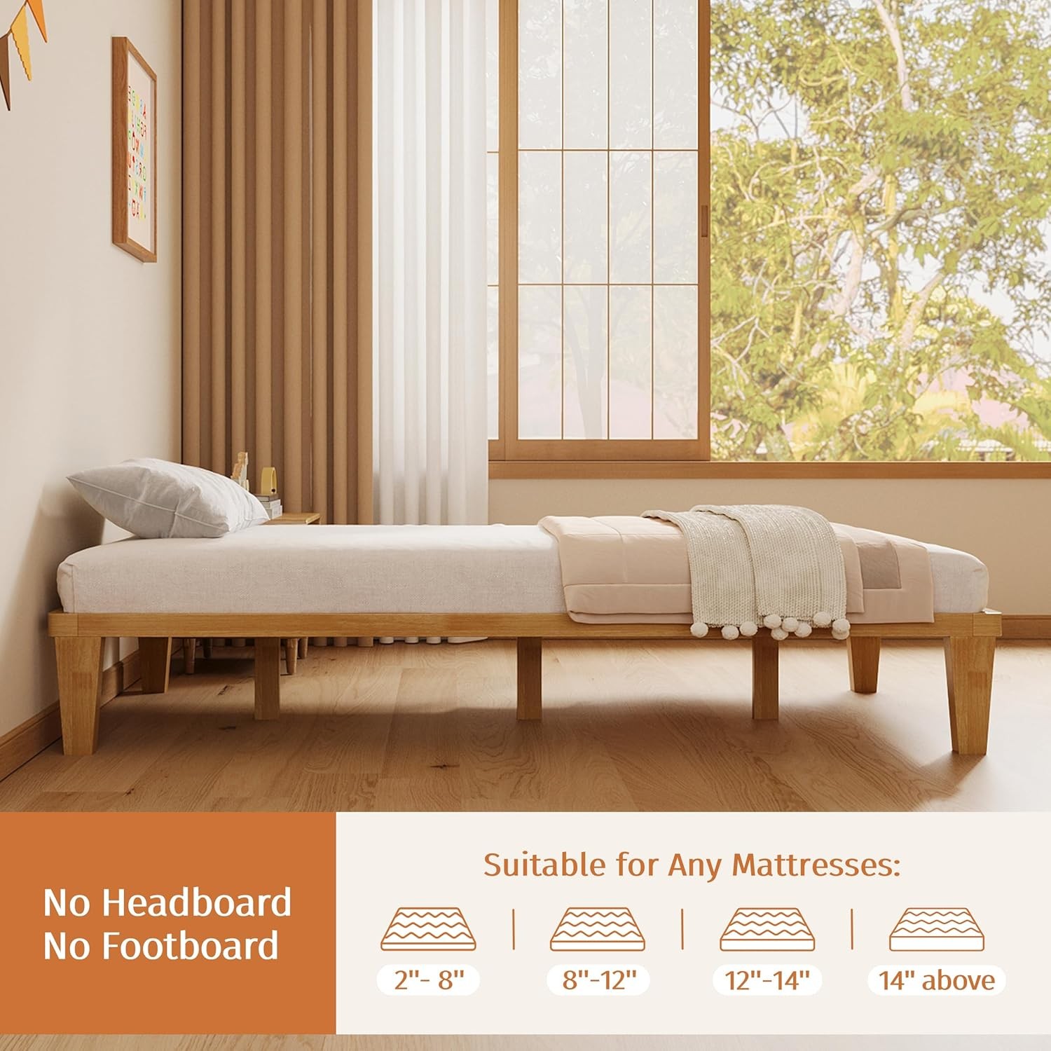 Twin-XL Platform Bed Fre – 12 Inch Solid Wood Mattr Foundat