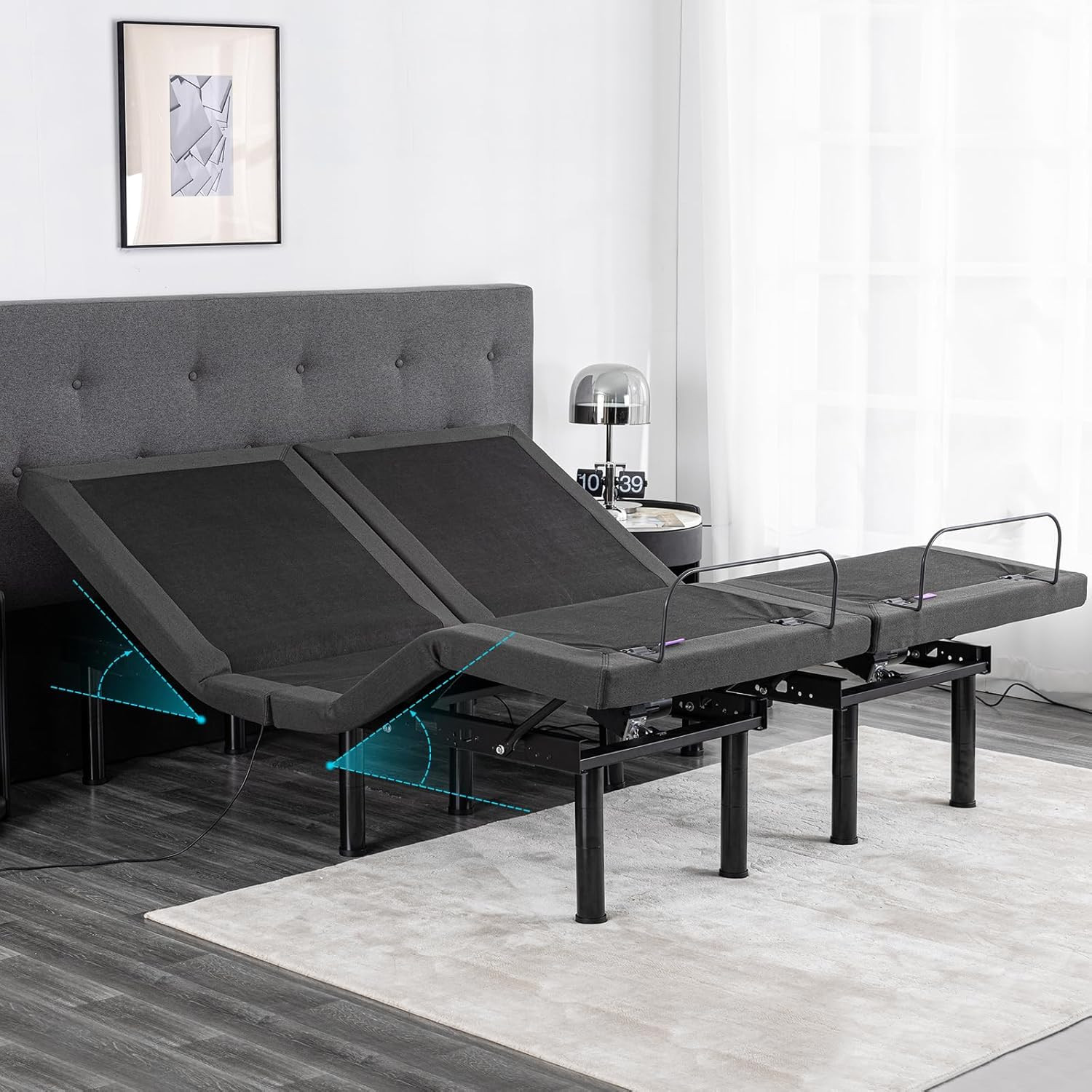 Split King Adjustable Bed & 14″ Gray Gel Memory Foam Mattress – Easy Assembly